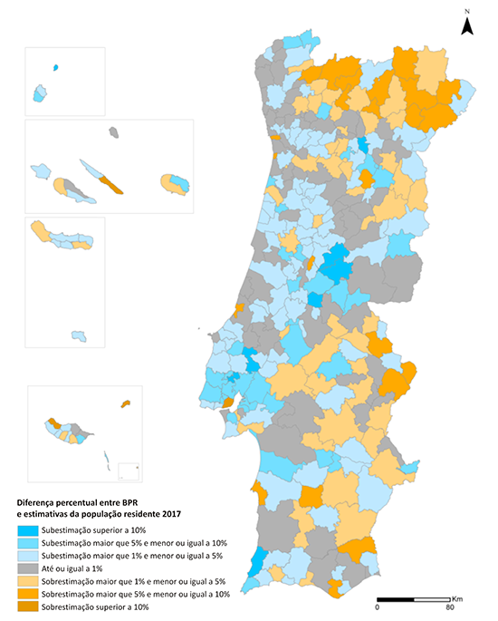 Mapa - Diferença entre BPR e Estimativas da População Residente